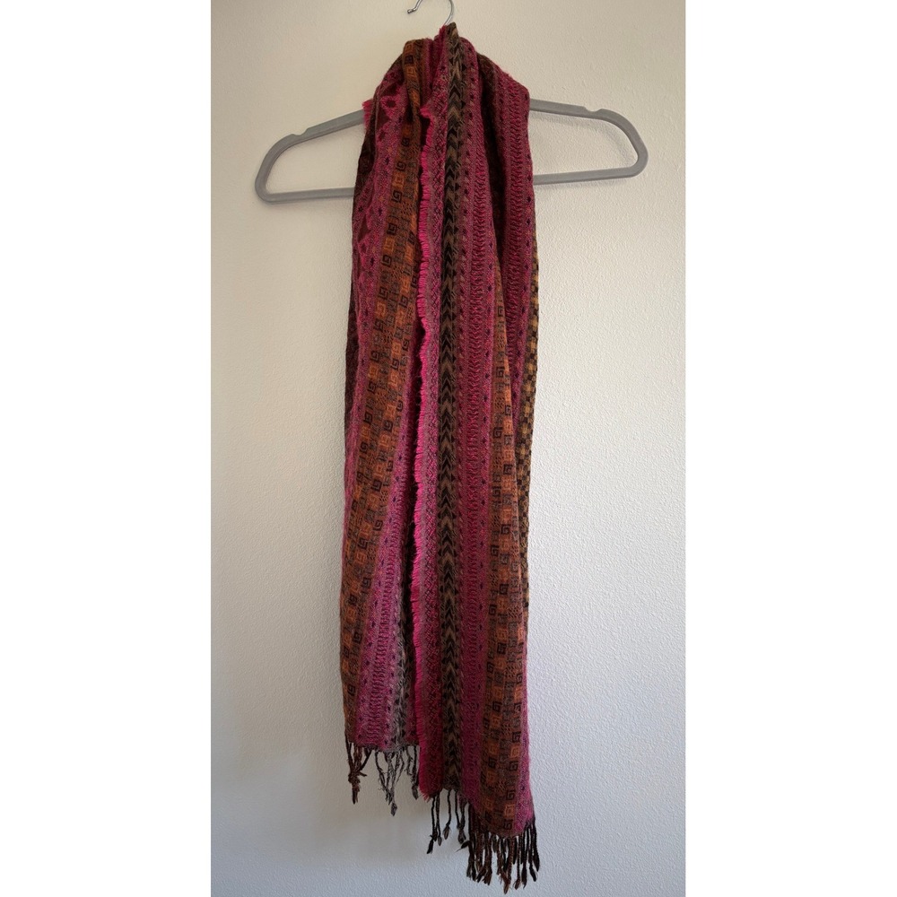 Anthropologie Wool Scarf Shawl Tapestry Pink Striped 70x21 Boho Artsy Fringe